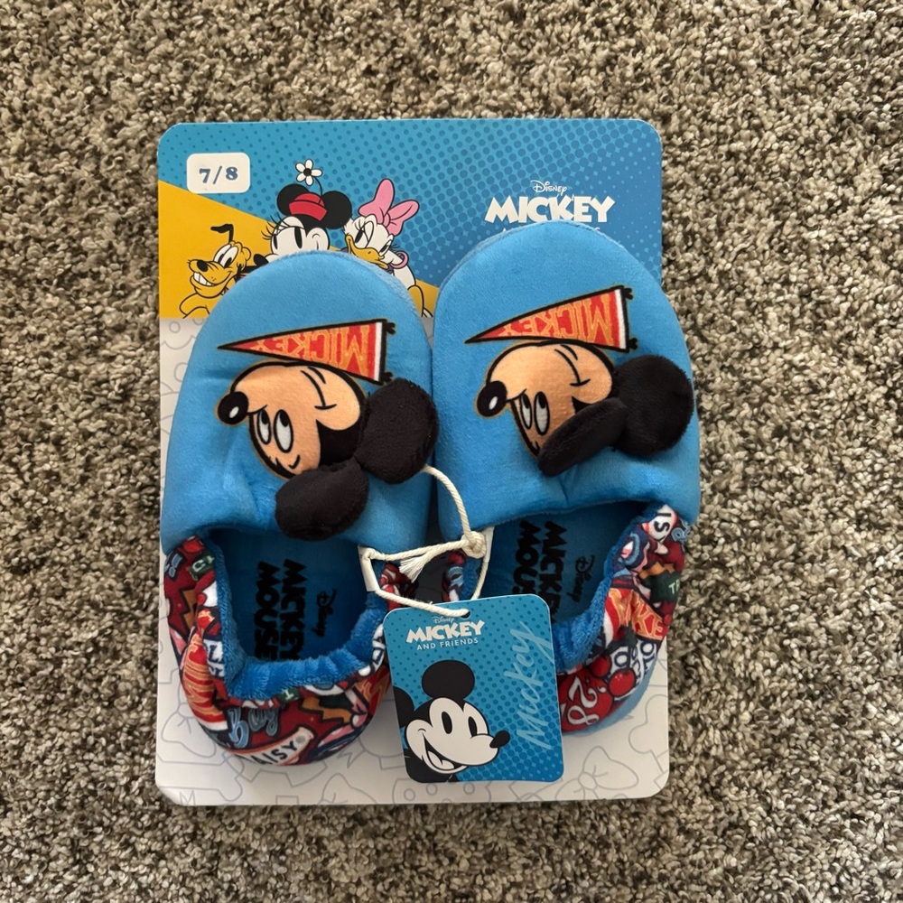 New Mickey Mouse Disney Kid’s Slippers Size 7/8 Boys/Girls Blue Cozy Plush